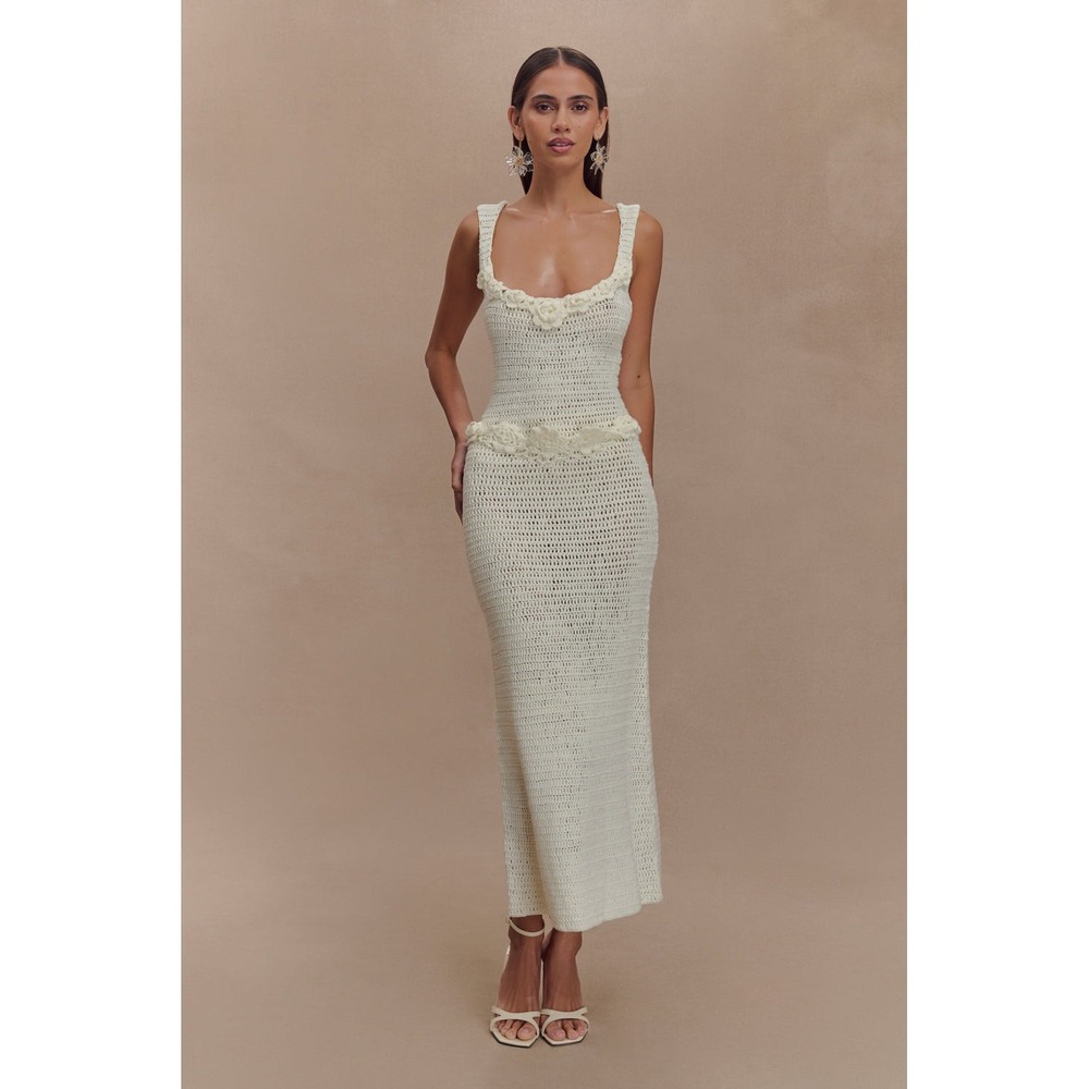 MESHKI Ivory Floral Hand Crochet Romantic Midi Dress Size S